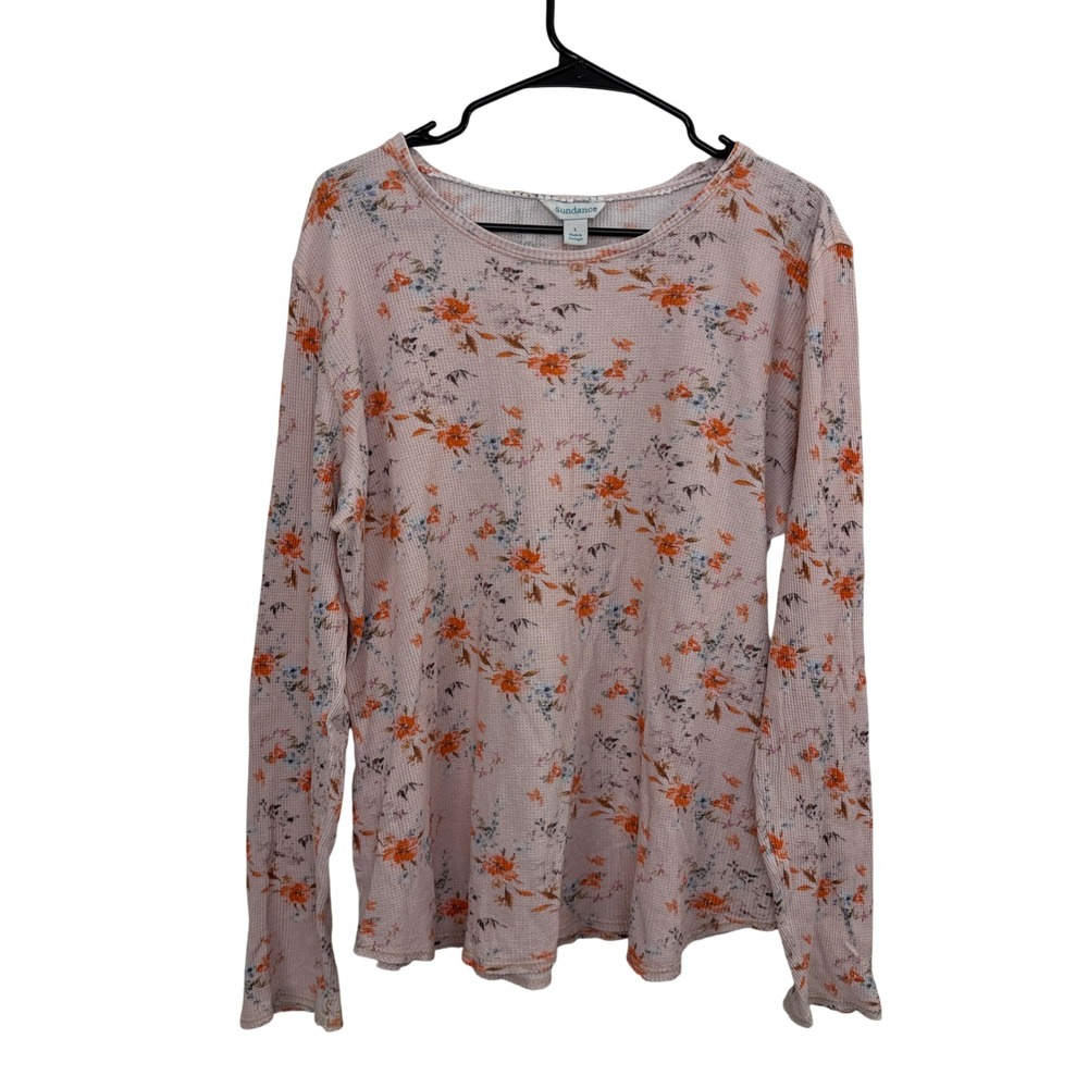 Sundance Top Womens Large Pink Floral Waffle Knit Long Sleeve Cotton Pullover